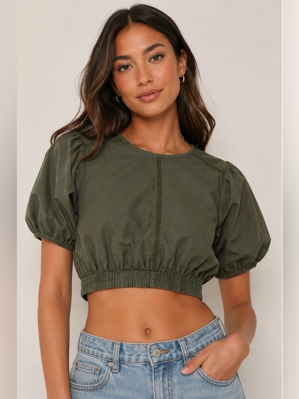 Amour Vert Organic Cotton Olive Puff Sleeve Cropped Top Medium